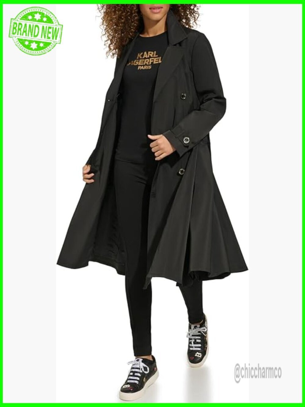 Long Flared Belted Trench Coat, Fitted Polyester, Double Breasted